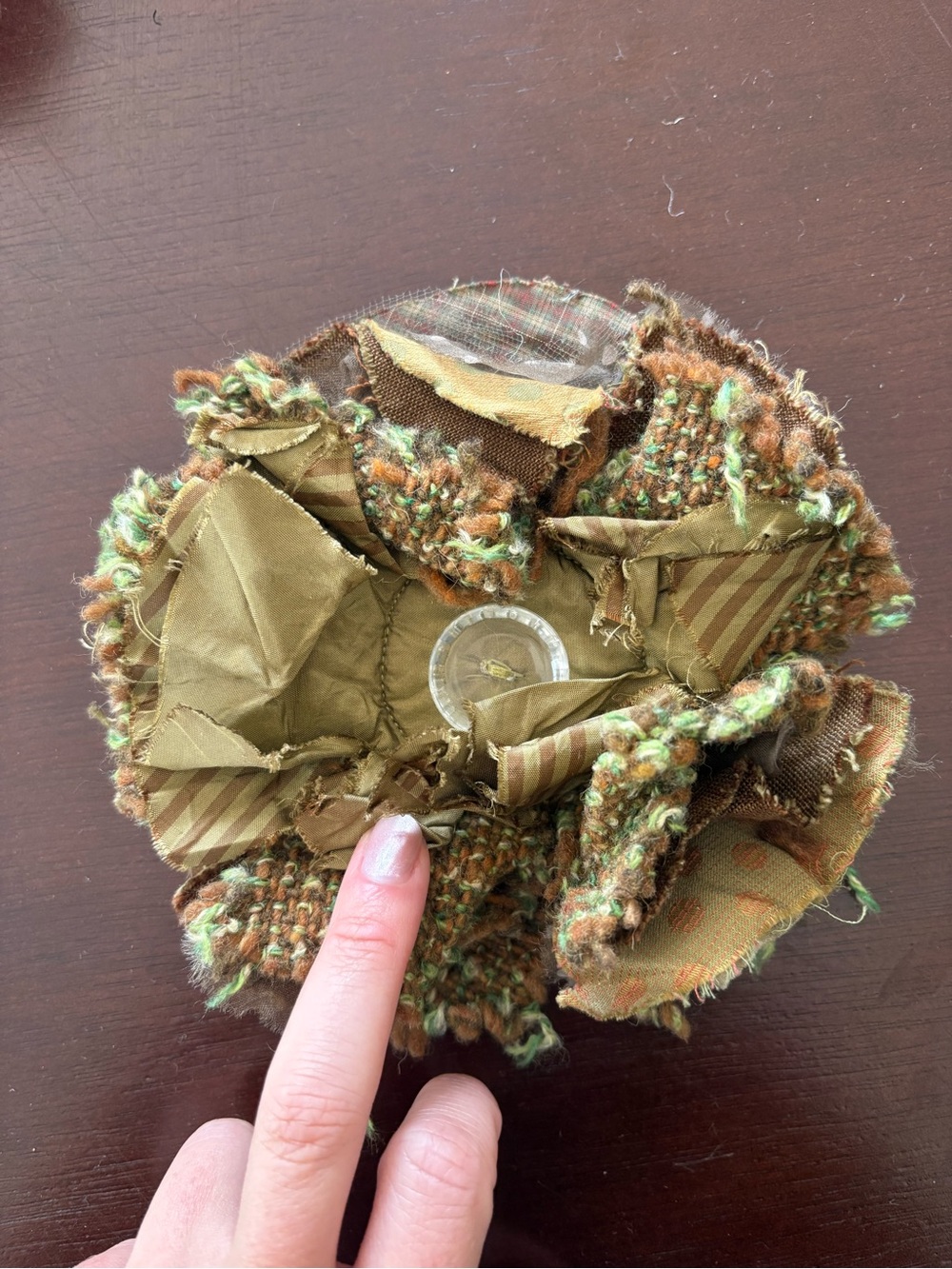 Olive Green Mixed-Texture Fabric Flower Brooch